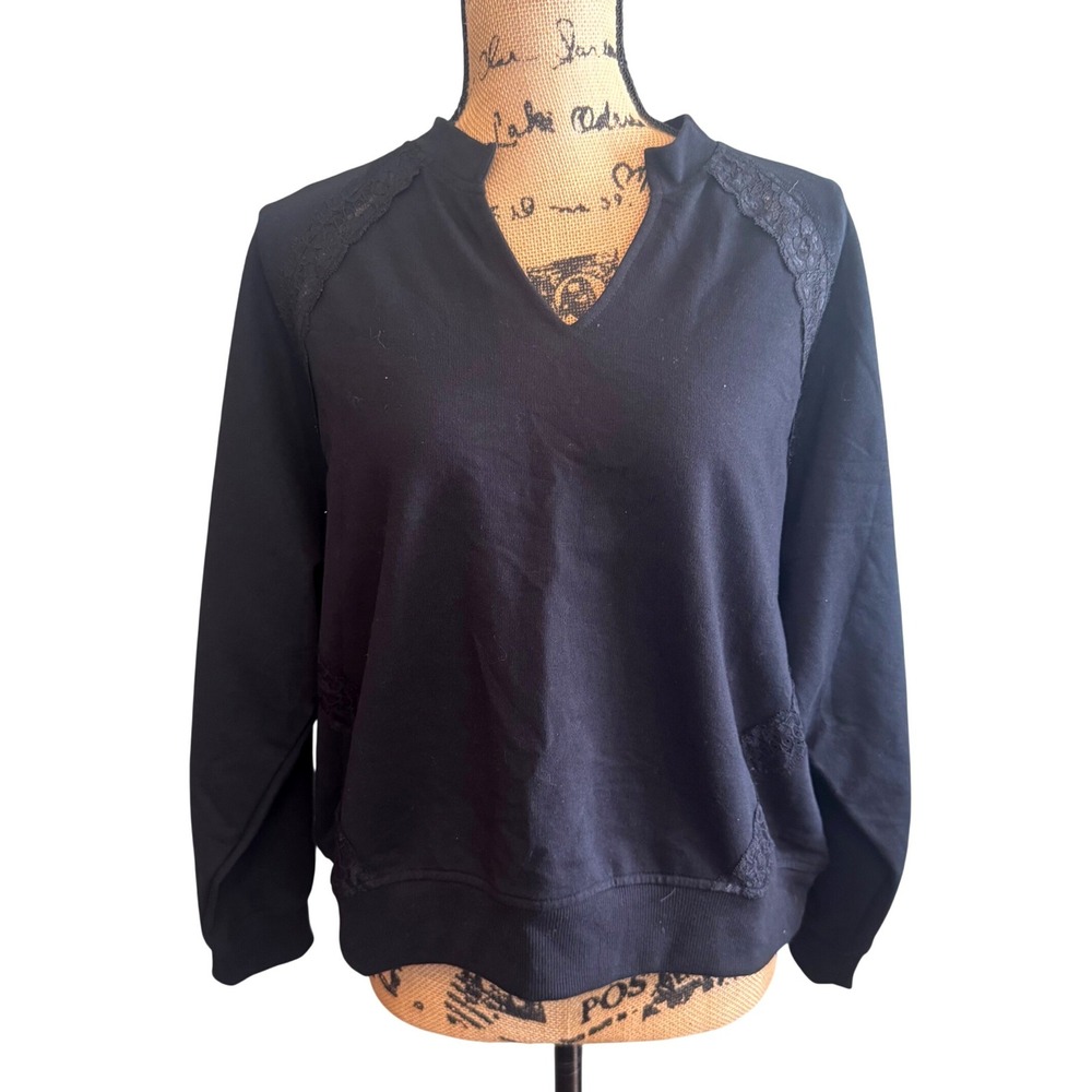 NWT Jantzen x Ruby Womens Lace Trim Long Sleeve Pullover Sweatshirt Black Small